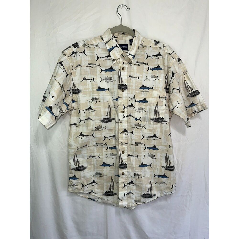 Puritan Men's Swordfish & Sailboat Camp Hawaiian Tropical Button Down Shirt SZ M